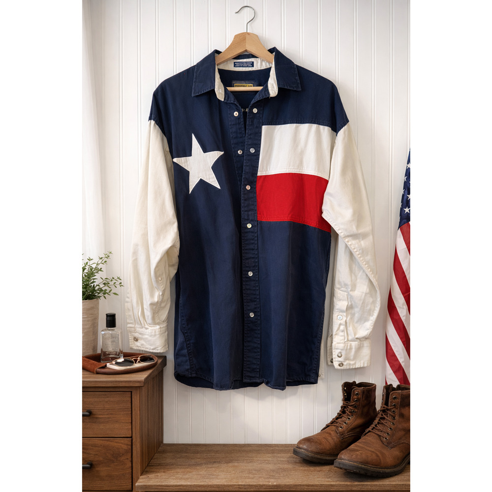 Panhandle Slim Shirt Men’s medium Cotton Red White Blue Texas Star Flag USA VTG